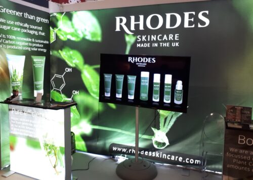 Rhodes Skincare product stand